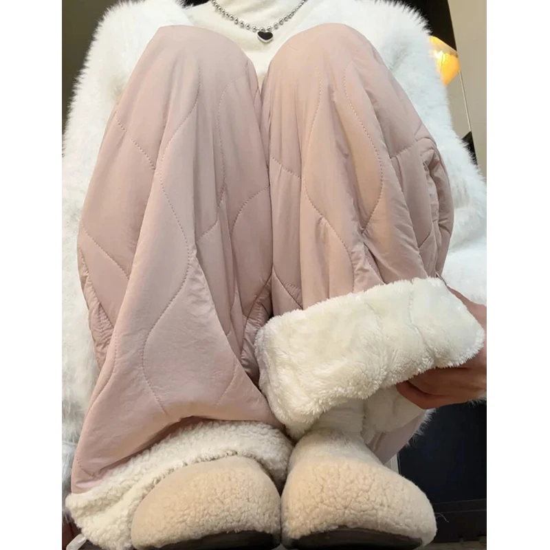 加绒加厚防风棉裤外穿女冬季2025新款摇粒绒松紧高腰保暖阔腿长裤