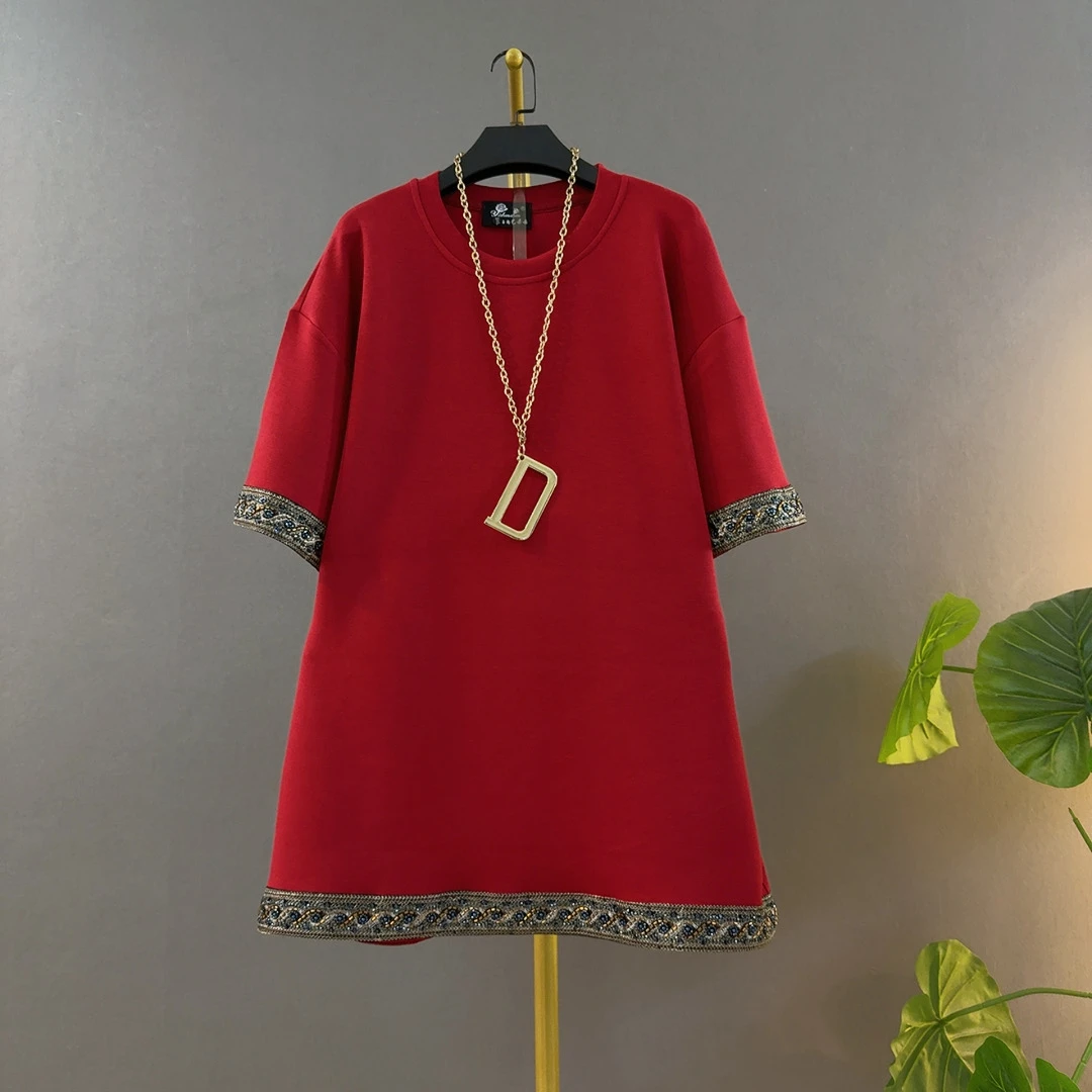 胖mm新款时尚圆领短袖民族风复古中式宽松遮肉中长款大码上衣