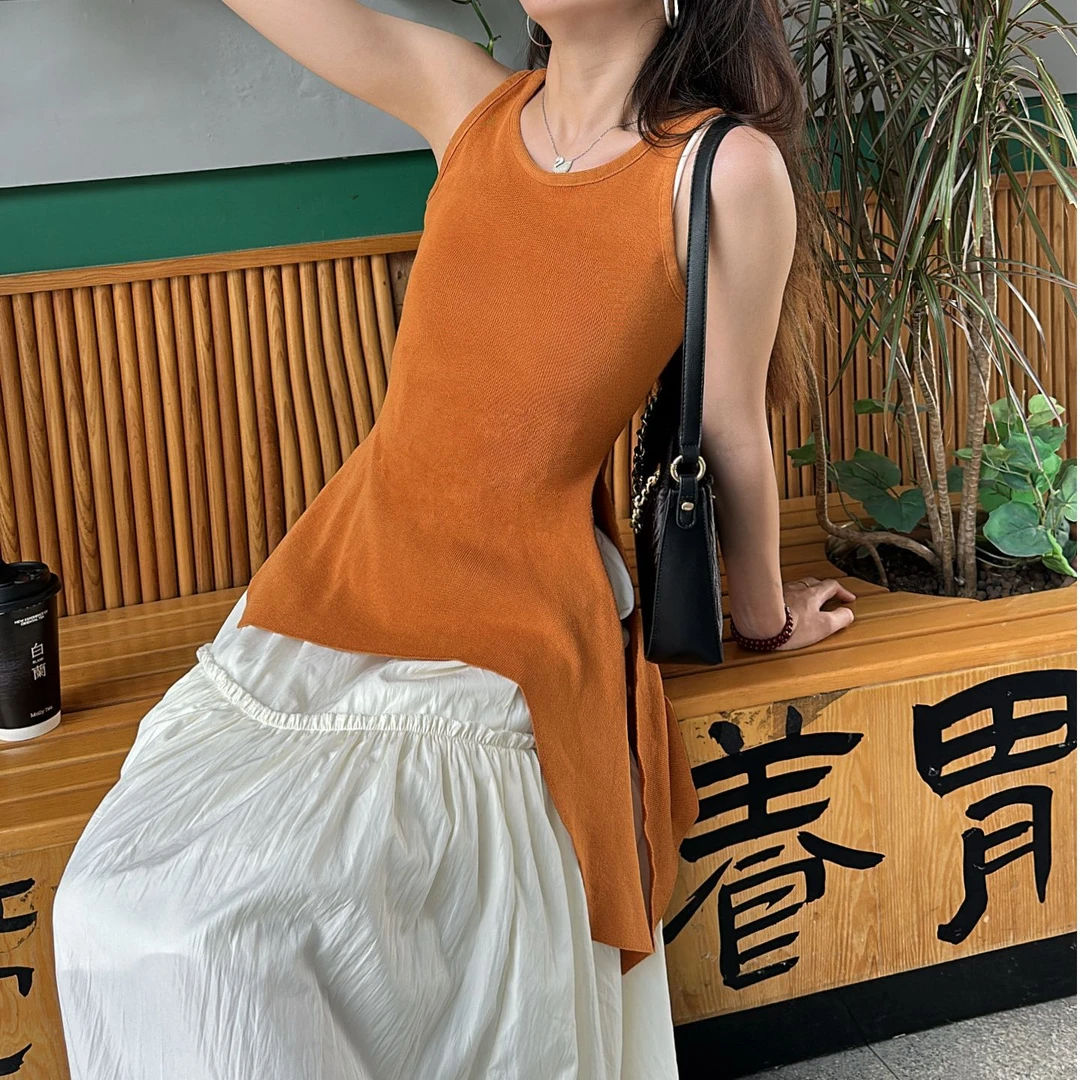 （直播专享）冰丝不规则绑带针织收腰无袖纯色修身显瘦百搭上衣006