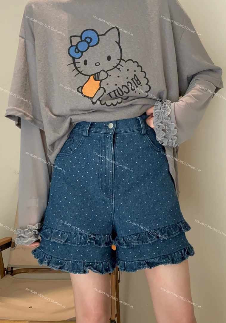 XIAOMEI ｜波点花边牛仔短裤-5159