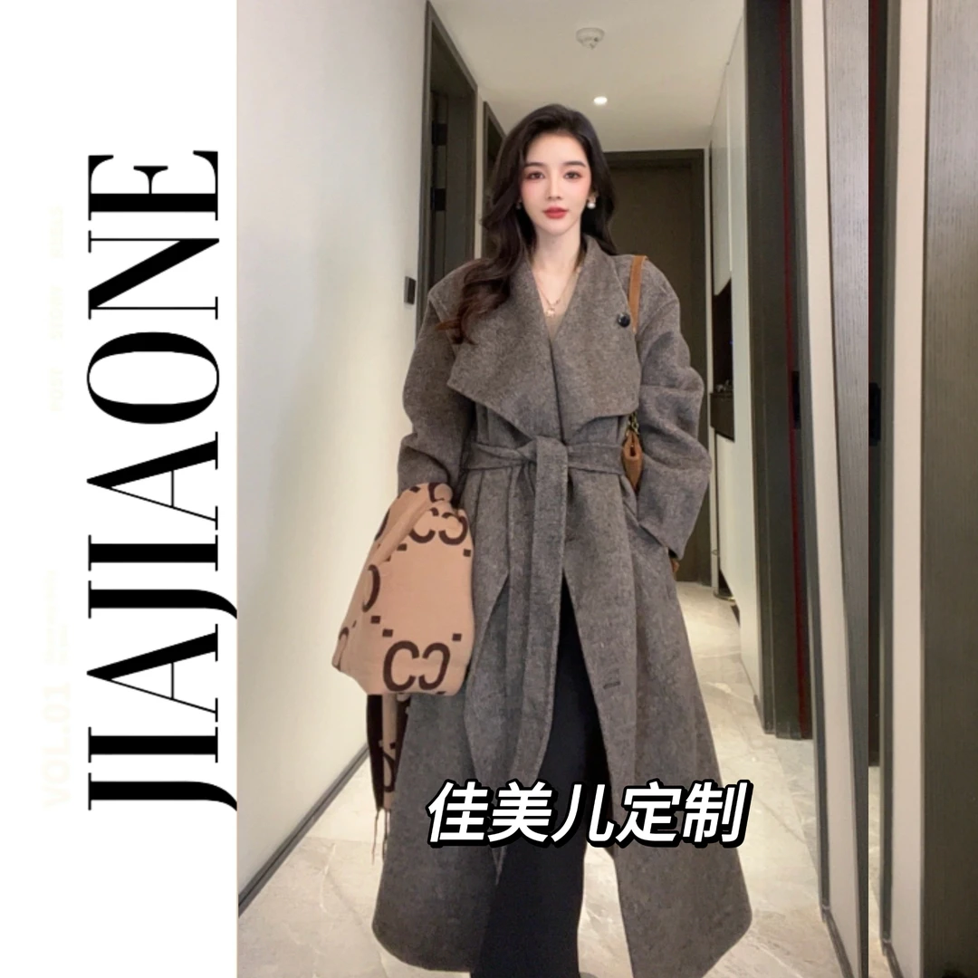 【佳美儿服饰】女士纯手工缝制双面呢大衣宽松长款大翻领