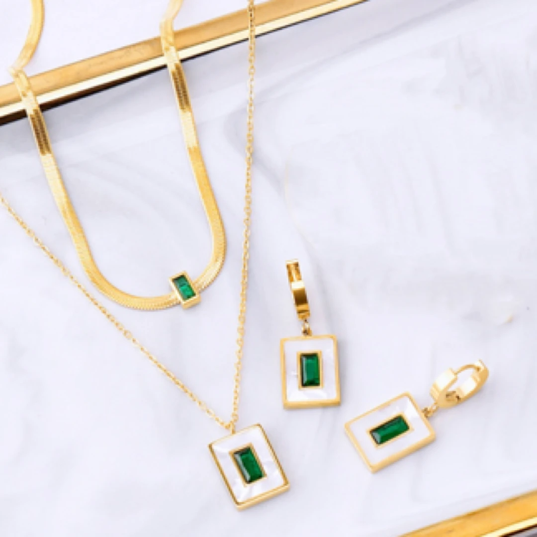 铜合金项链 【古米】2/61时尚绿色小众轻奢气质两件套双层项链耳环