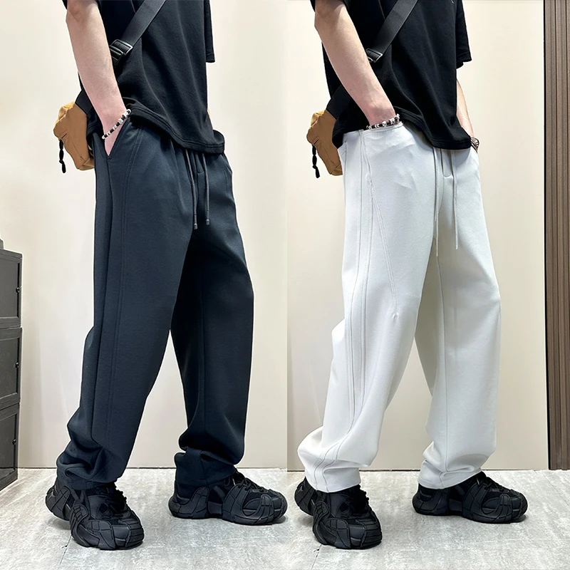 高级感立体拼接显瘦休闲裤男夏薄款宽松直筒裤男士纯色百搭运动裤