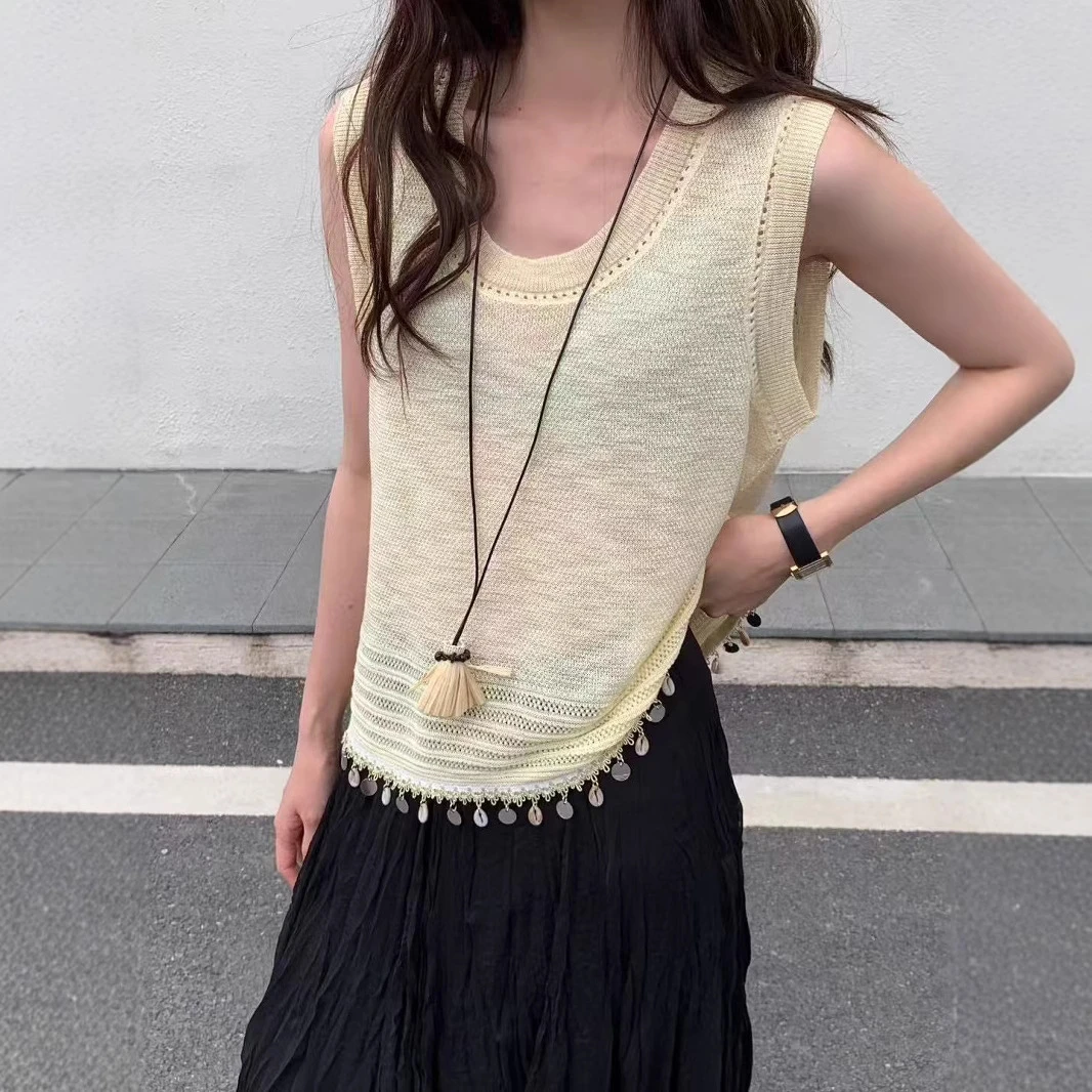 2025年韩系复古圆领下摆流苏设计针织背心女夏季新款宽松休闲上衣