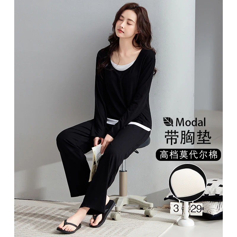 带胸垫睡衣女春秋季长袖莫代尔棉假两件家居服2025新款可外穿套装