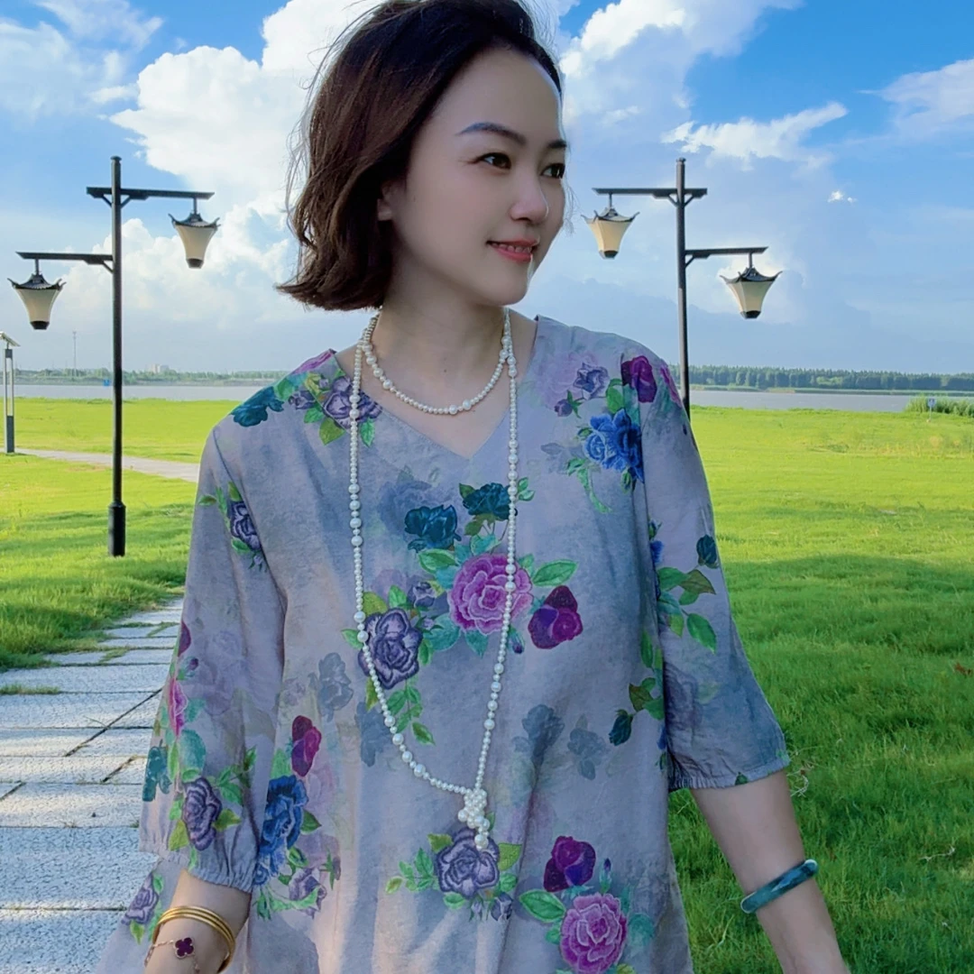 【3875玫瑰】新中式夏季时尚百搭V领宽松中袖上衣{非定位花}