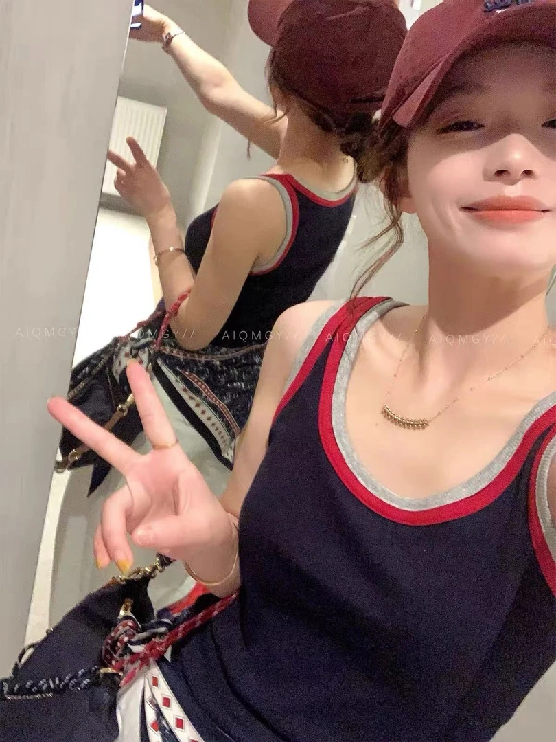 【品质正版】撞色拼接吊带背心女2025夏季修身百搭新款韩版外穿上衣