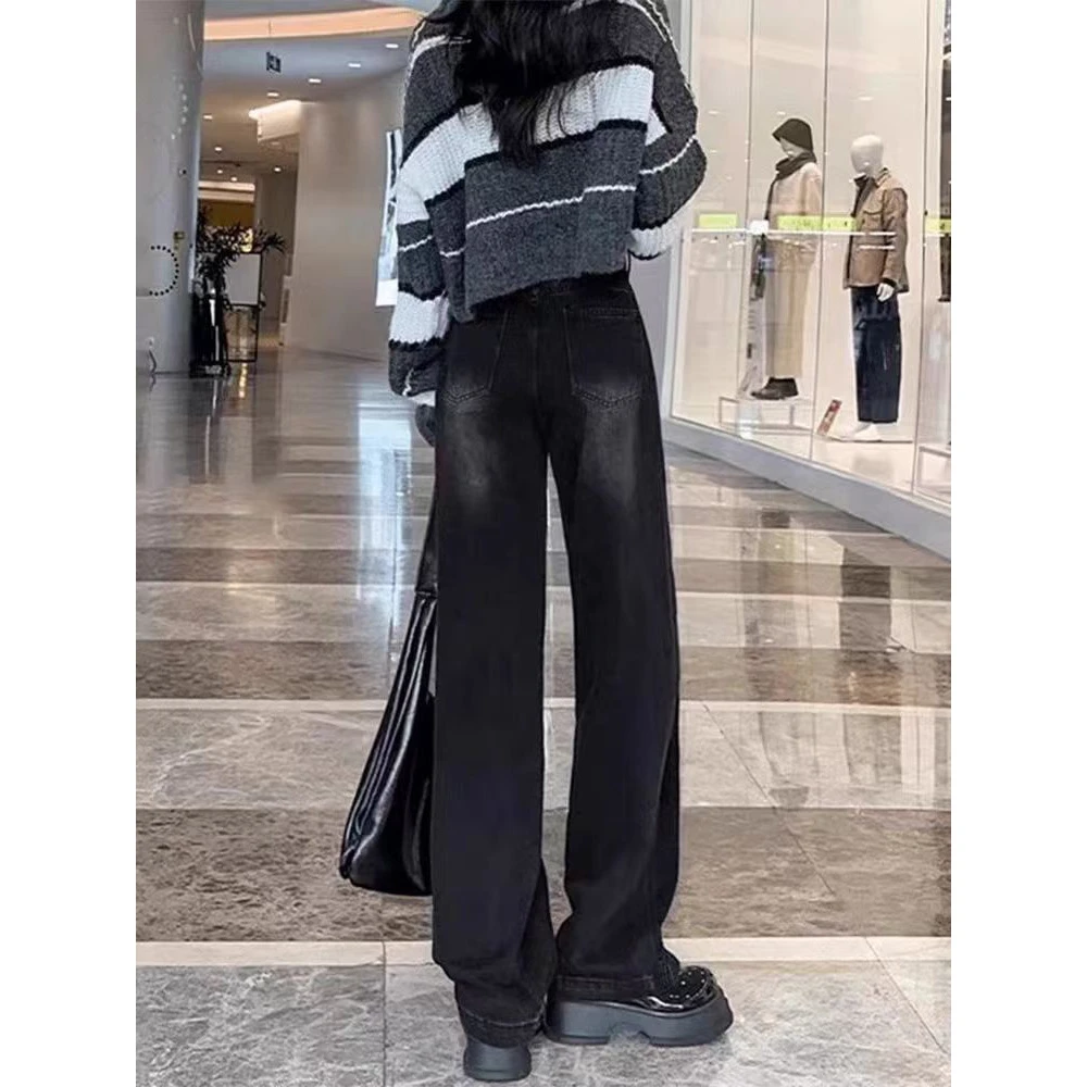 设计感柳钉款高腰垂感休闲宽松牛仔裤新款显瘦直筒裤黑灰色阔腿裤