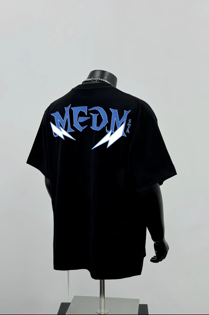 STA.MEDM系列美式复古高级仿刺绣字母闪电Logo印花正肩短袖T恤男