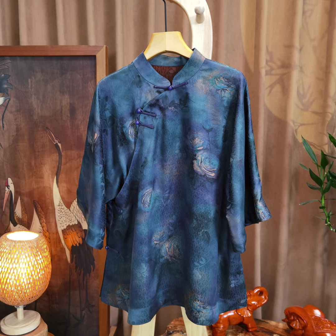 富美国风香云纱太太服F0107蓝色玫瑰