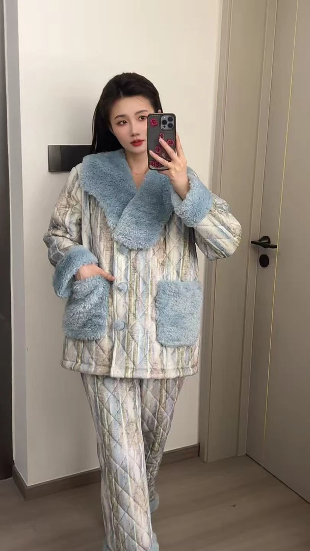大码冬季长裤保暖家居服套装睡衣蓝色毛绒加厚时尚