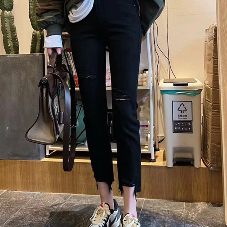 2025春季梨形身材破洞牛仔裤女新款大码微胖mm高腰弹力显瘦直筒裤