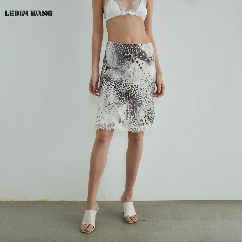 LEDIM WANG白标/蕾丝醋酸拼接鱼尾半身裙女秋豹纹印花新款中裙