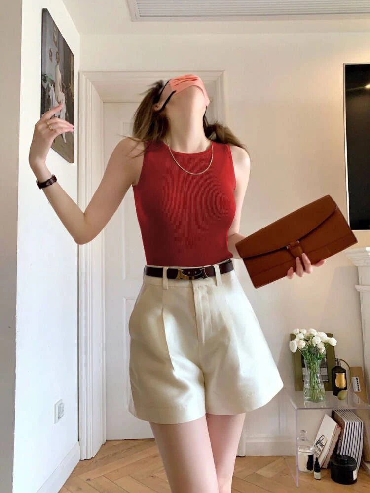 红色针织打底内搭吊带背心女2025新款修身配西装无袖T恤洋气上衣