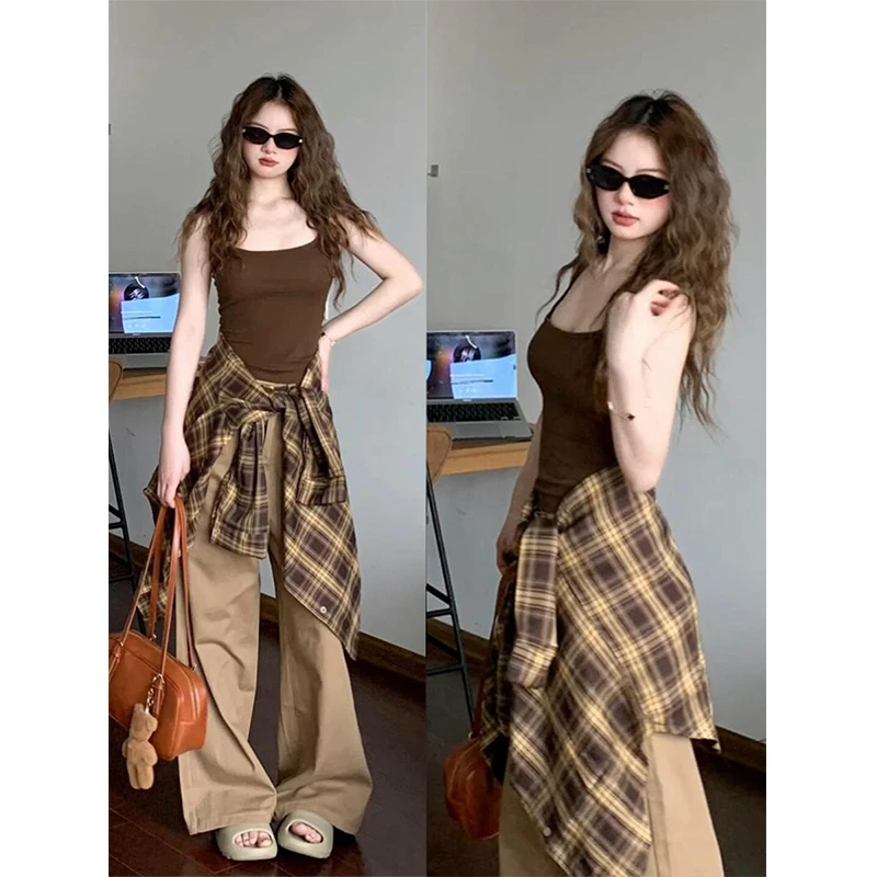 美拉德穿搭一整套女2025年新款美式复古格子衬衫吊带工装裤三件套