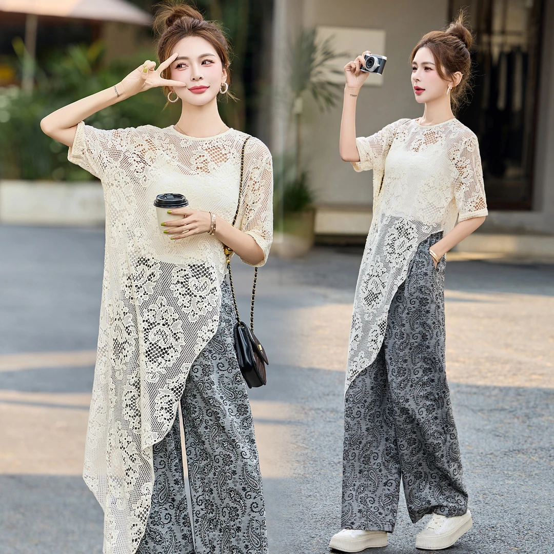 套装短袖蕾丝显瘦时尚夏季镂空2025新款中长款沙滩气质宽松两件套