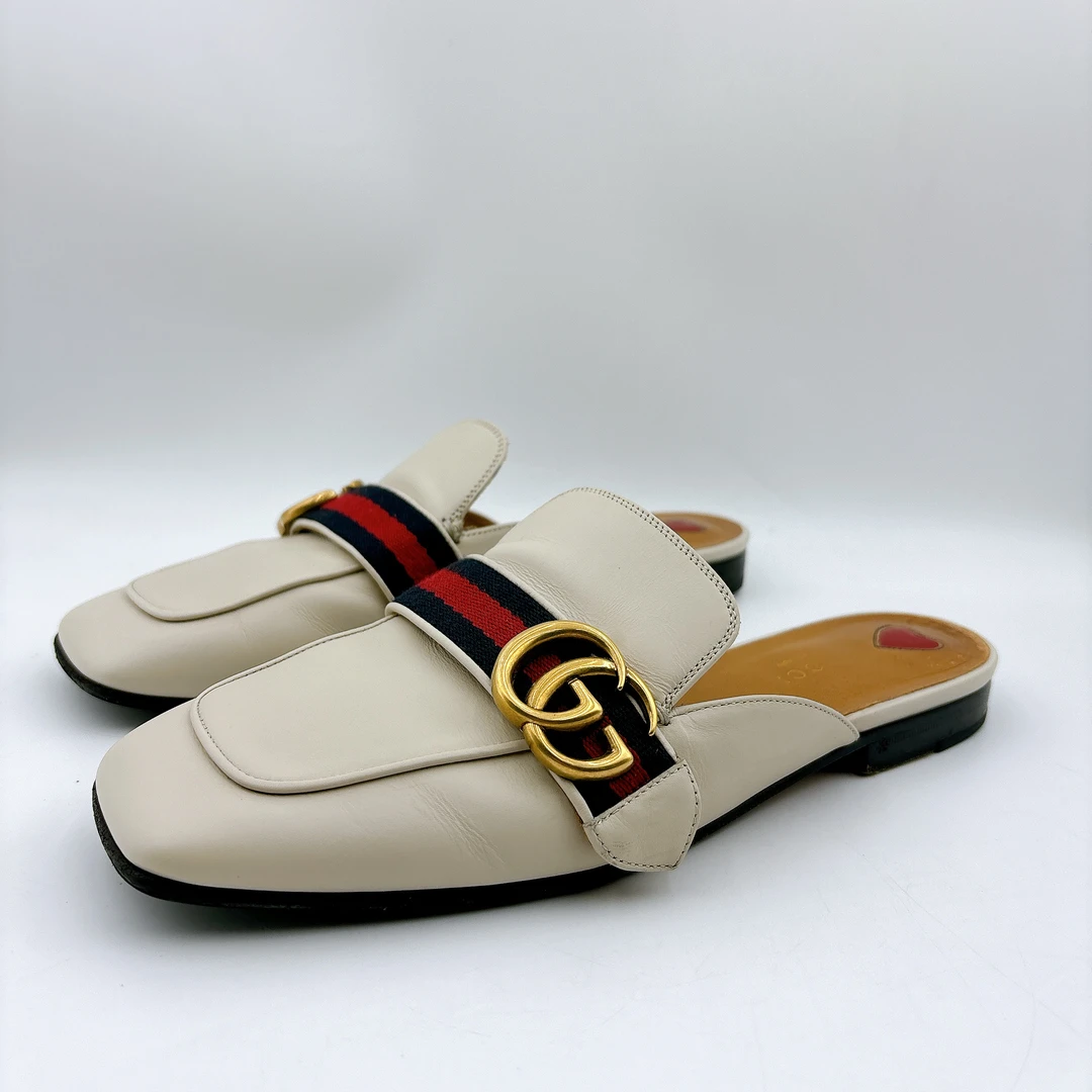 95新 GUCCI/古驰 38码/经典款双G红蓝编织米色半拖/BM00689