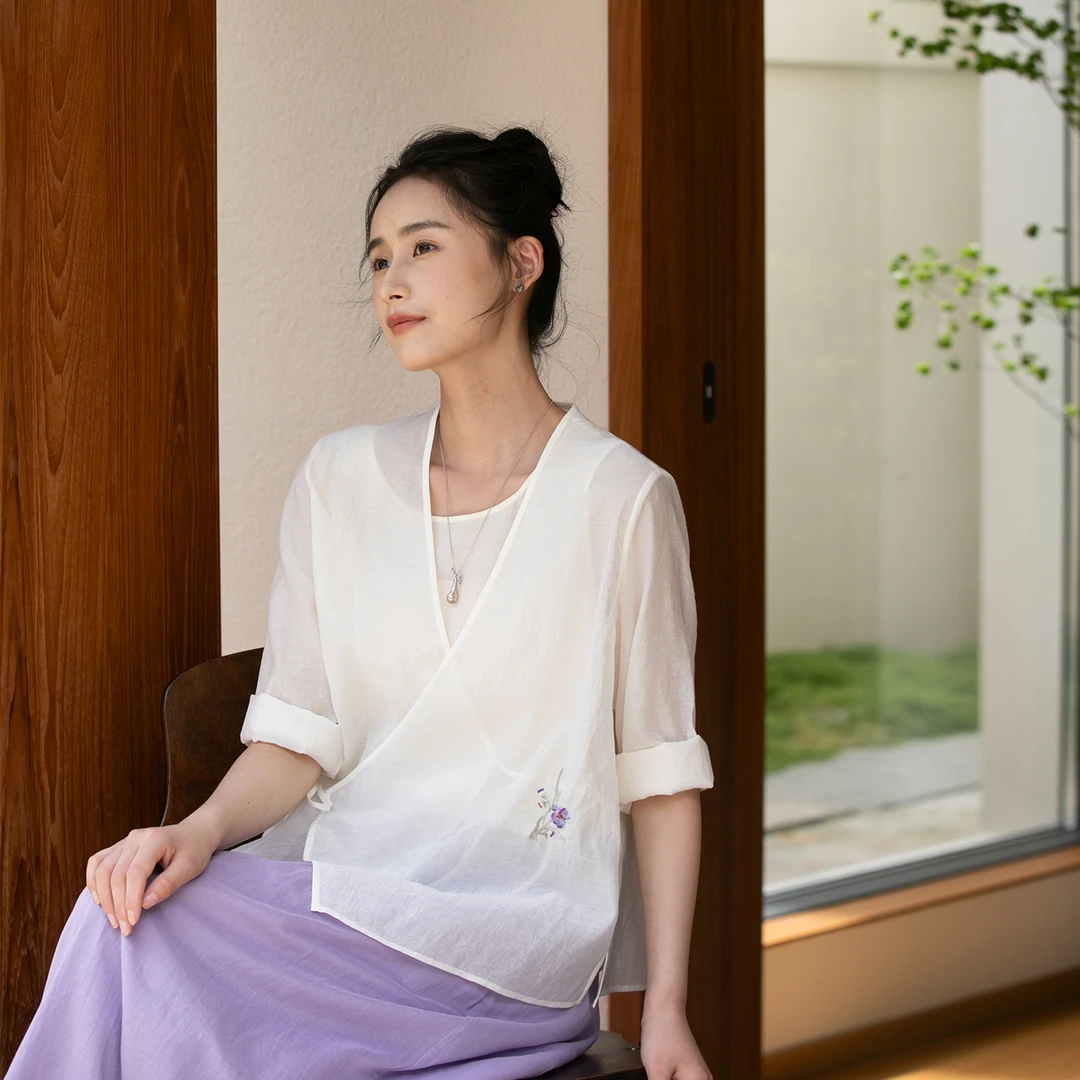 牧衣游原创 丝棉刺绣短外套新款轻薄系带复古文艺百搭开衫 草亭