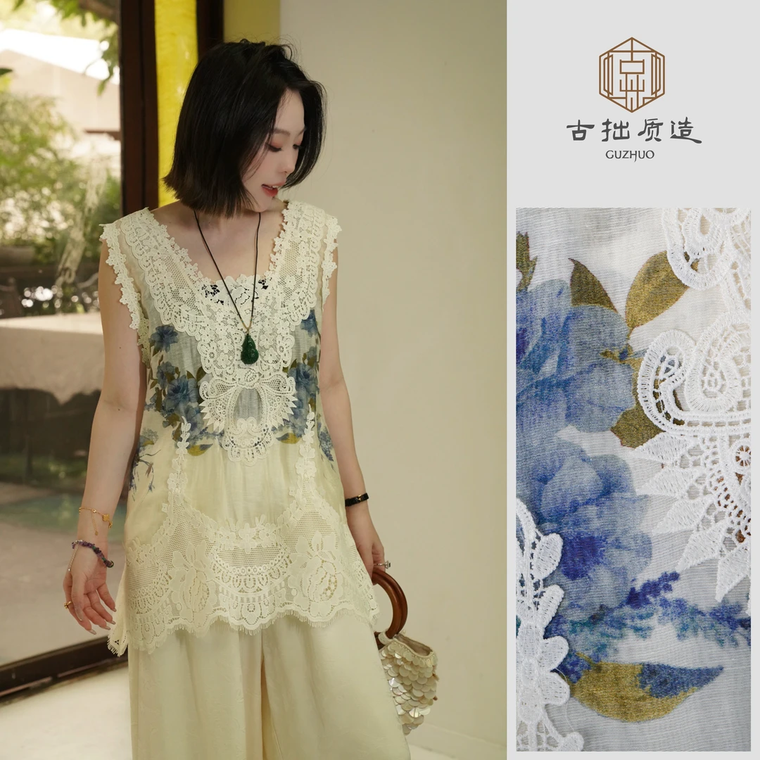 青花境！天丝亚麻蕾丝拼接设计感背心！GZ6114