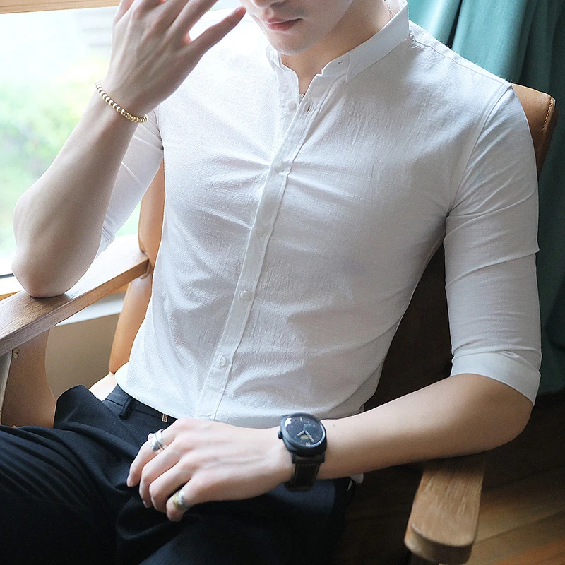 短袖男款爆款2025新款青年轻奢薄款商务休闲修身尖领七分袖上衣