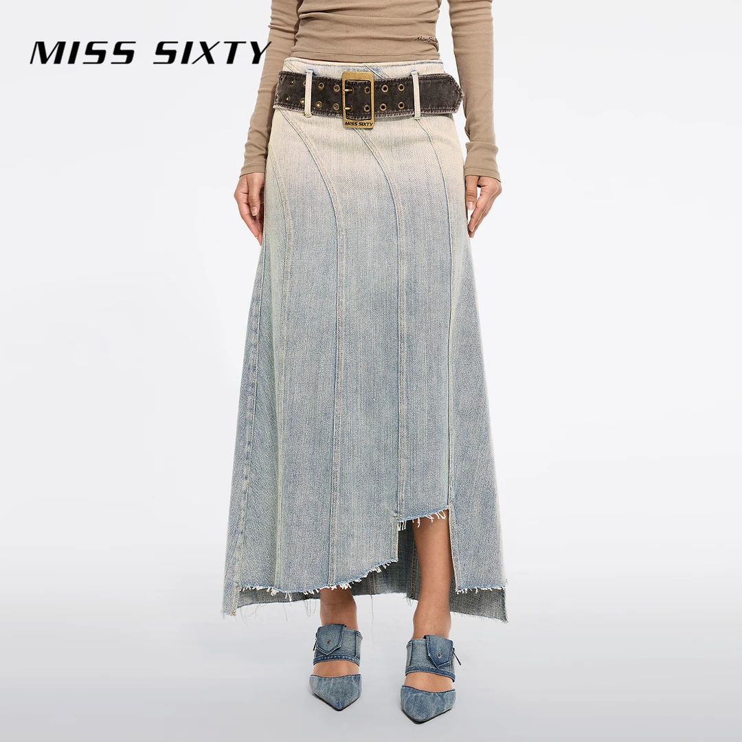 Miss Sixty2025秋季新款牛仔长裙女不对称设计感复古洗水配腰带