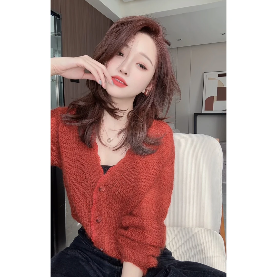 【陈陈私服】 一女人味蕾丝毛衣红色慵懒长袖针织衫24100905