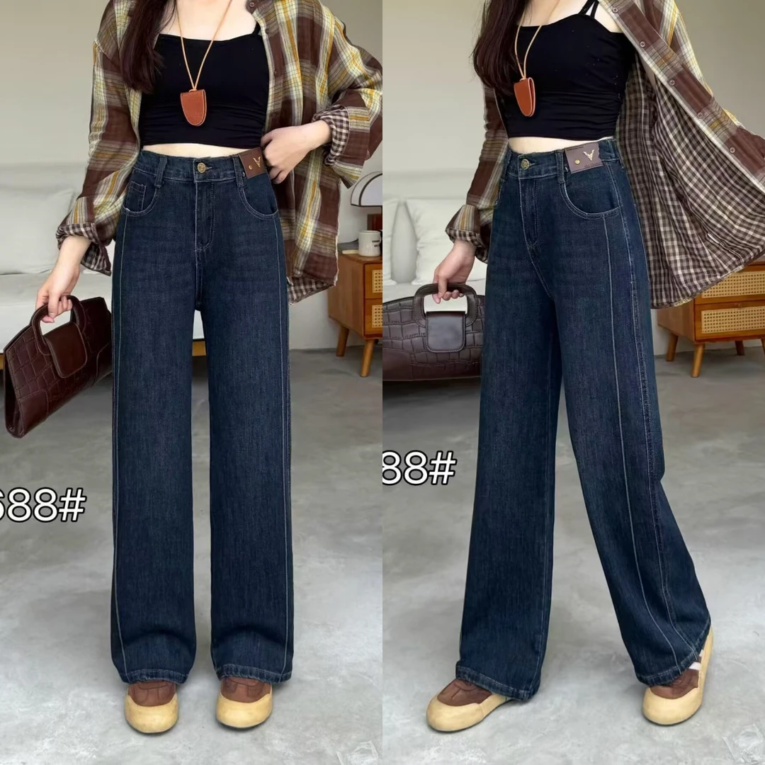 HUIZHIMEI/绘智美大码早秋新款高腰显瘦复古弹力柔软直筒牛仔长裤