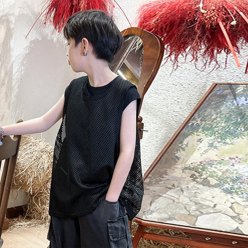 男童背心镂空2025夏季新款 中大童网纱表演潮牌无袖坎肩儿童装帅t