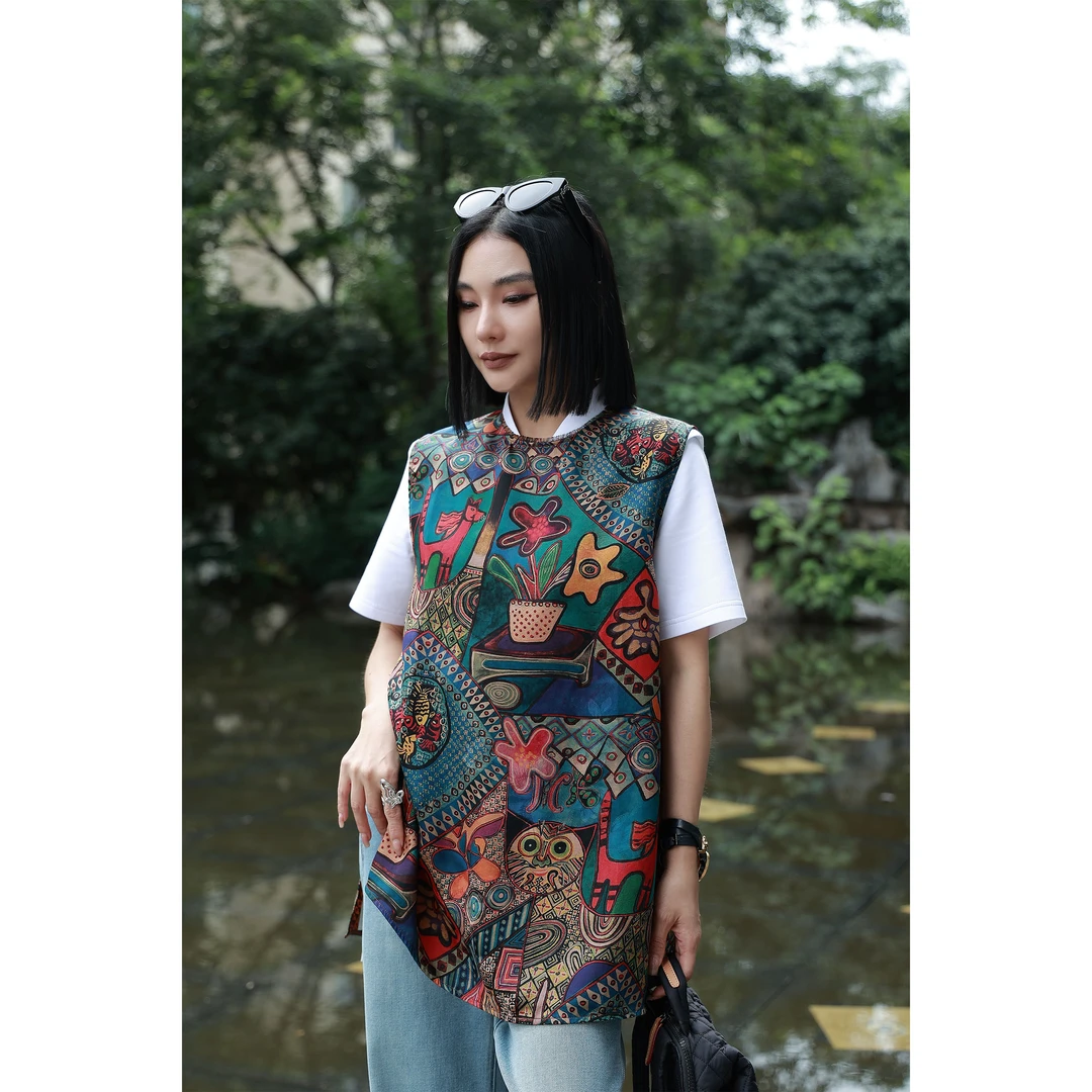 【妙妙精选】HUANGNAJI香云纱时尚气质设计感中式长背心X776