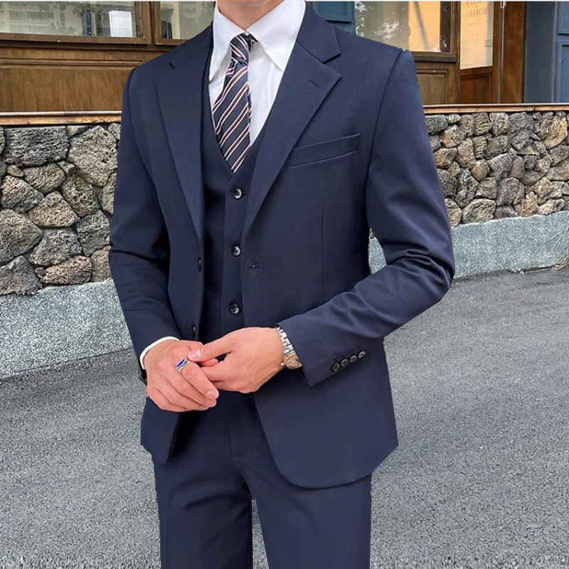 约文库费高端时尚春夏季休闲西装男款高级感结婚小西服修身藏蓝色