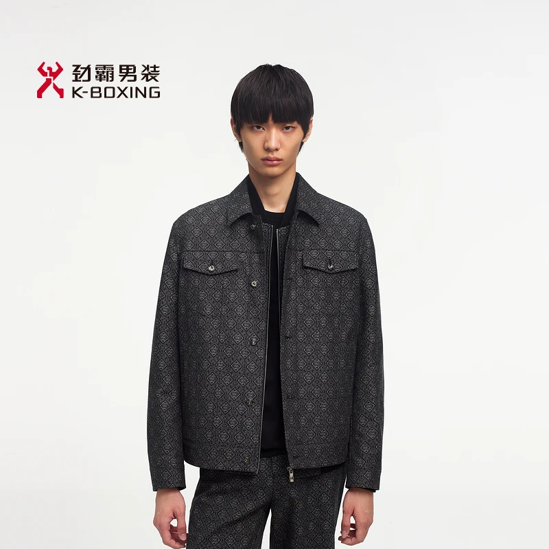 【翻领老钱风】秋季休闲双面简约品牌DNA花型廓形夹克|FKDE1197