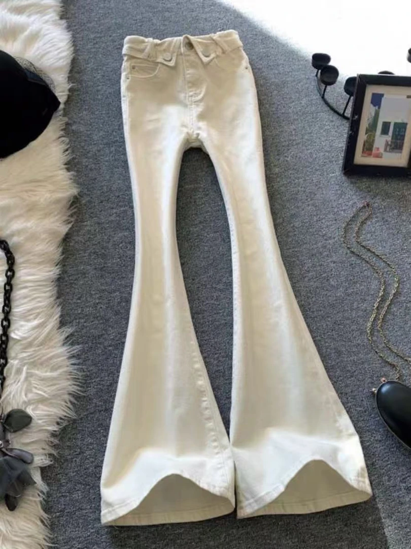 白色微喇牛仔裤女2025年秋季新款翻边高腰设计感显瘦高个子马蹄裤