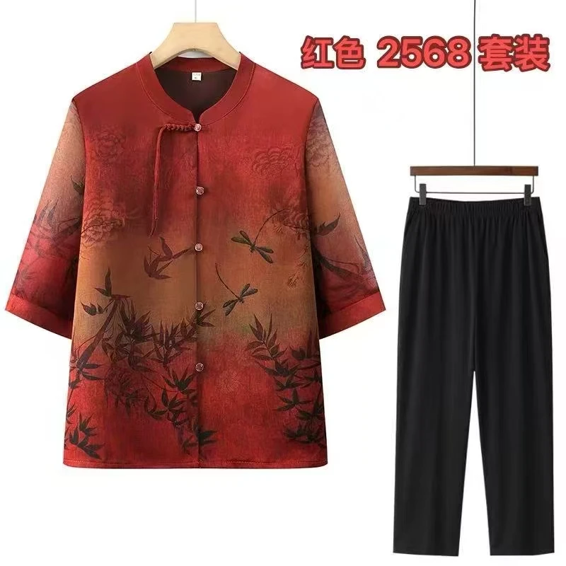 中老年妈妈装国风印花衬衫七分袖宽松舒适奶奶上衣春夏季