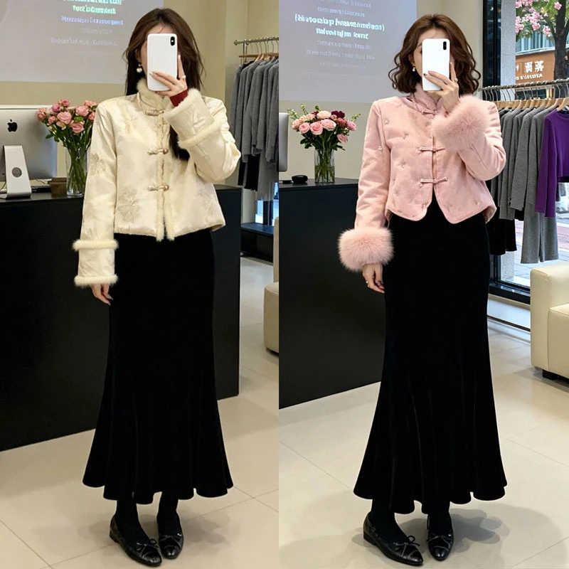 2025秋冬加绒款高腰气质松紧腰金丝绒鱼尾半身裙7750