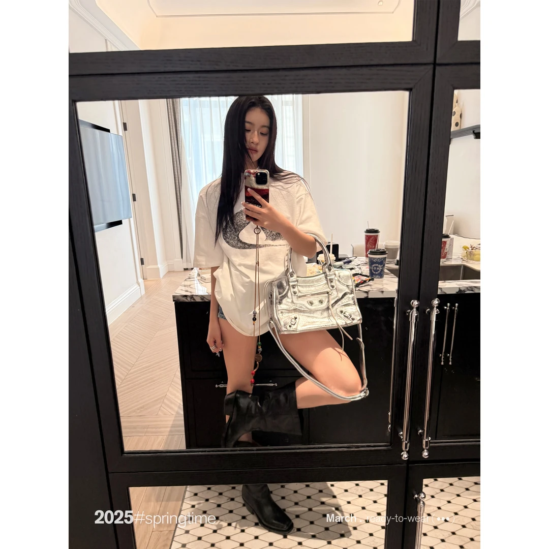 SUNONEONE 休闲宽松大版t恤女夏美式圆领印花正肩短袖上衣H0947T