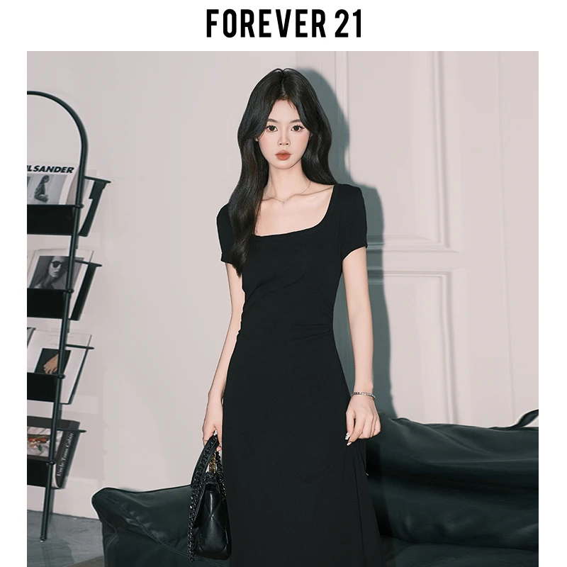 Forever21赫本黑色U领短袖连衣裙女法式修身A字收腰包臀T恤长裙子