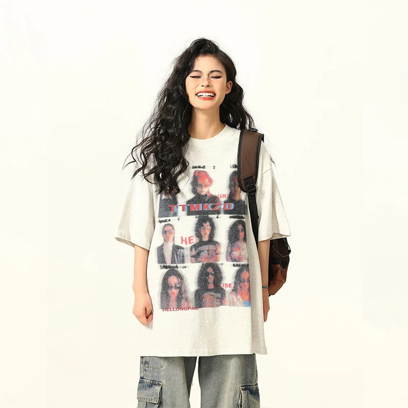 XDYOP 25SS模糊人像印花美式复古短袖T恤男女款潮流花灰色潮牌T恤