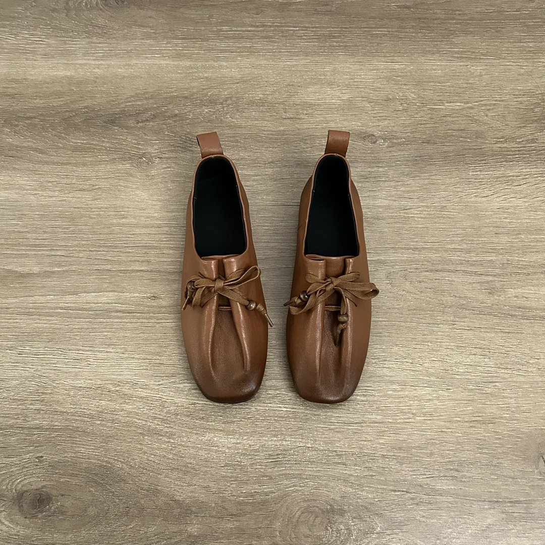 Dannyfrey复古新款头层绵羊皮女芭蕾鞋配裙子系带软皮软底单鞋1CM