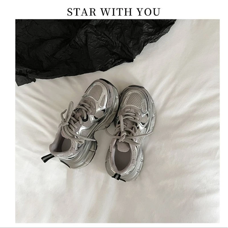 【STAR】银色老爹鞋爆款百搭透气轻便厚底增高运动休闲鞋5cm