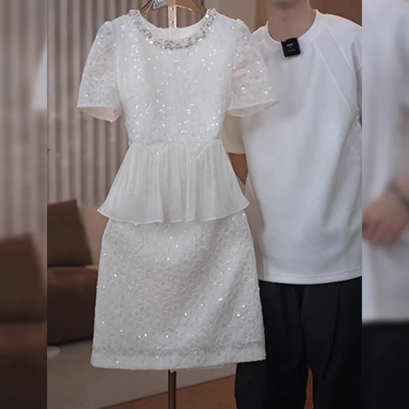 轻奢气质小香风亮片名媛连衣裙2025夏季新款假两件收腰礼服短裙女