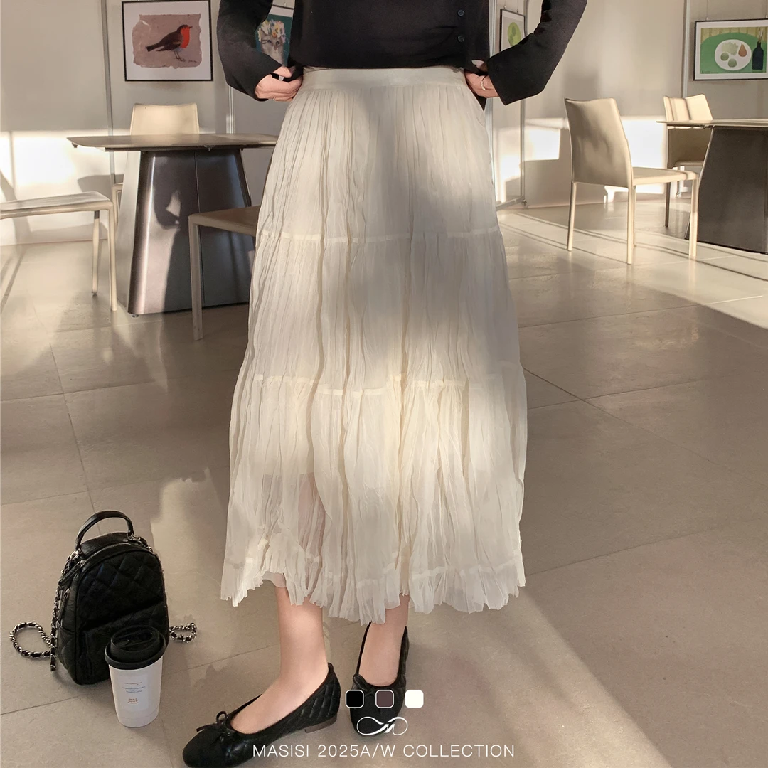 马西西大码女装仙气压褶双层网纱半身裙冬胖mm宽松显瘦中长款裙子