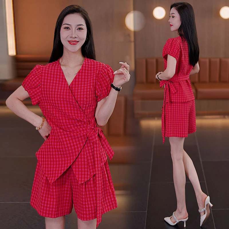 2025新款法式高级感冷淡系独特显瘦掐腰两件套装短袖夏季格子