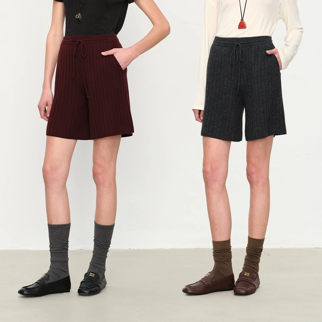 MARIUS裸感云柔立体坑条精纺羊毛显瘦抽绳休闲直筒针织短裤