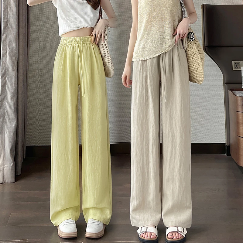 冰感莱赛尔亚麻阔腿裤夏季薄款宽松窄版直筒裤小个子休闲九分裤