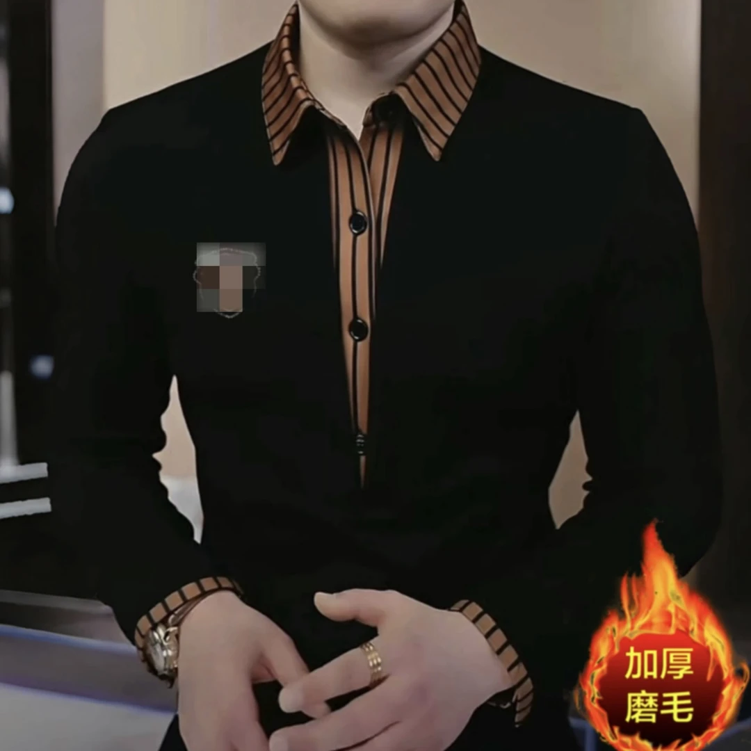 男士纽扣假两件长袖时尚秋冬加绒加厚卫衣百搭商休闲修身商务