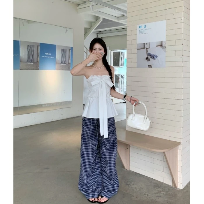 木耳边蝴蝶结绑带背心白色抹胸上衣套装女夏季格子裤休闲裤两件套