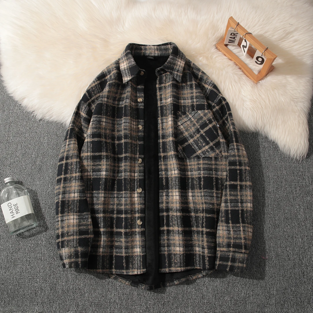 【秋冬加绒加厚】毛呢格纹长袖保暖男衬衫韩版休闲复古百搭宽松潮流