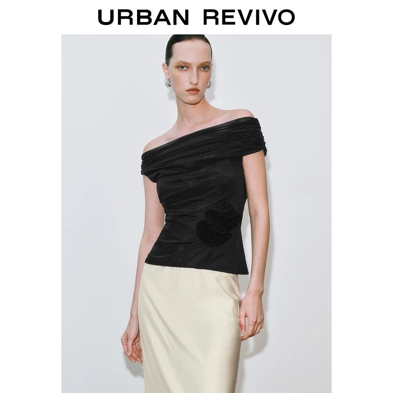 UR2025夏季新款女装气质立体花朵褶皱收腰一字领T恤UWG450127