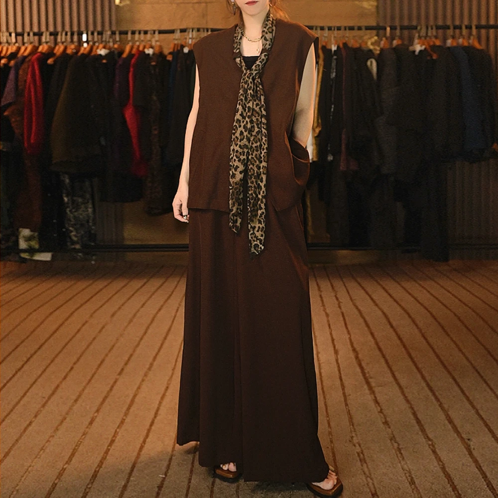 056 豹纹丝巾棕色马夹套装欧货马甲法国设计师背心女士时尚马夹