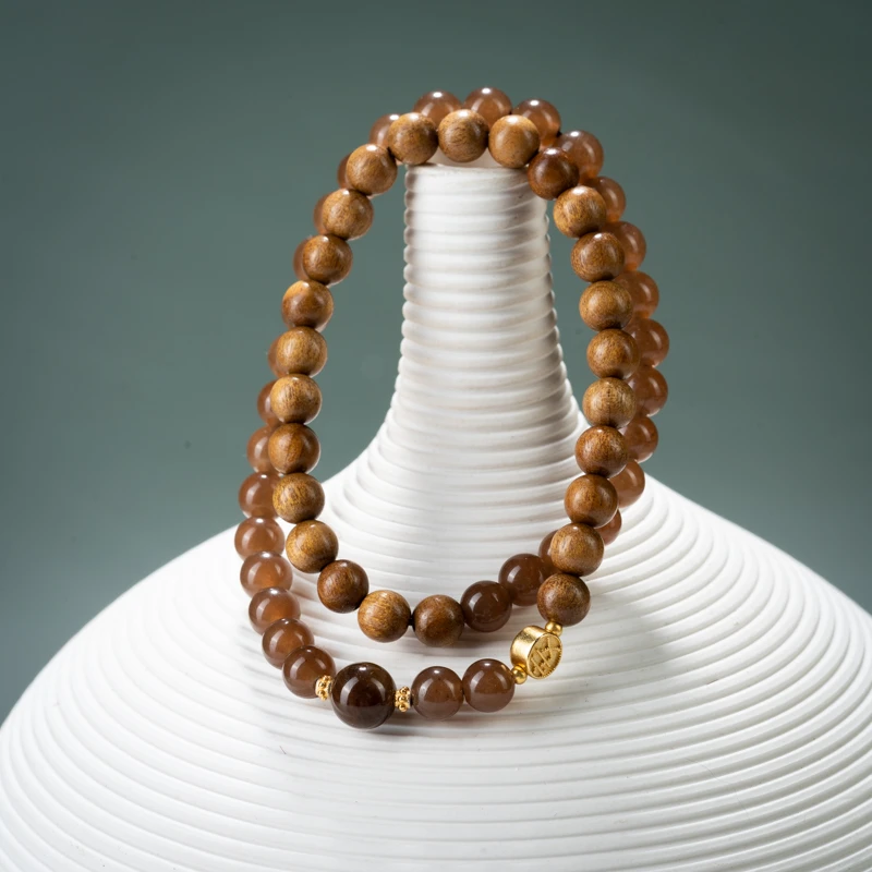 【在野】0.6金丝楠木糖岫玉双圈手串